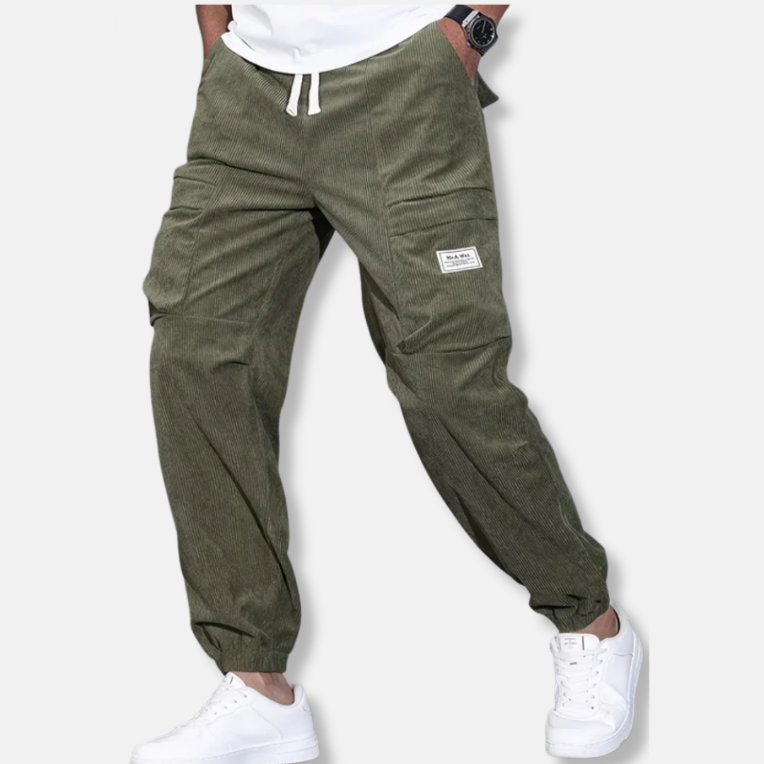 Men's brown corduroy pants loose fit tapered leg with elastic cuffs and adjustable waist