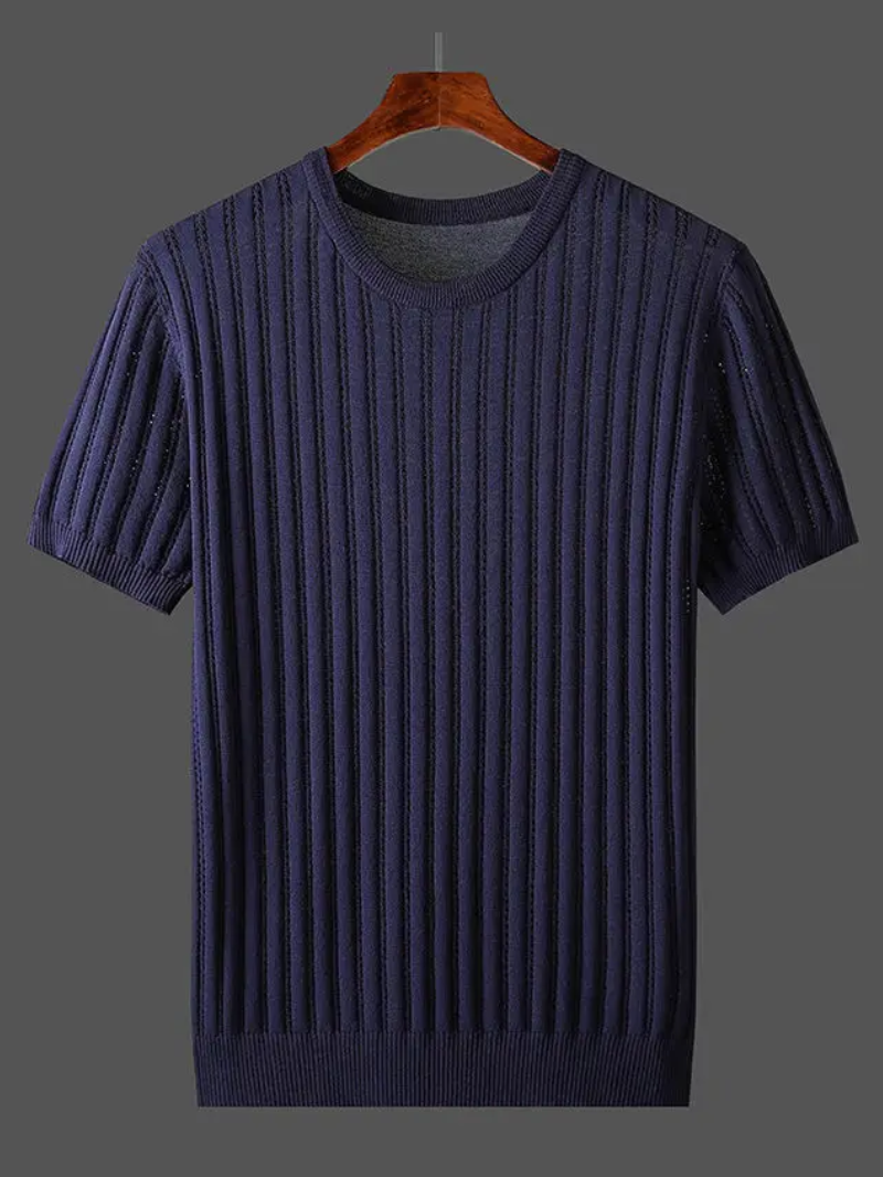 Men's ribbed ice silk tee in neutral tone, breathable slim-fit design with subtle stripe texture