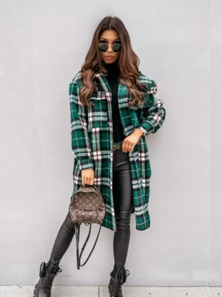 Long relaxed-fit checked jacket in classic plaid, sustainable unisex longline outerwear for casual wear