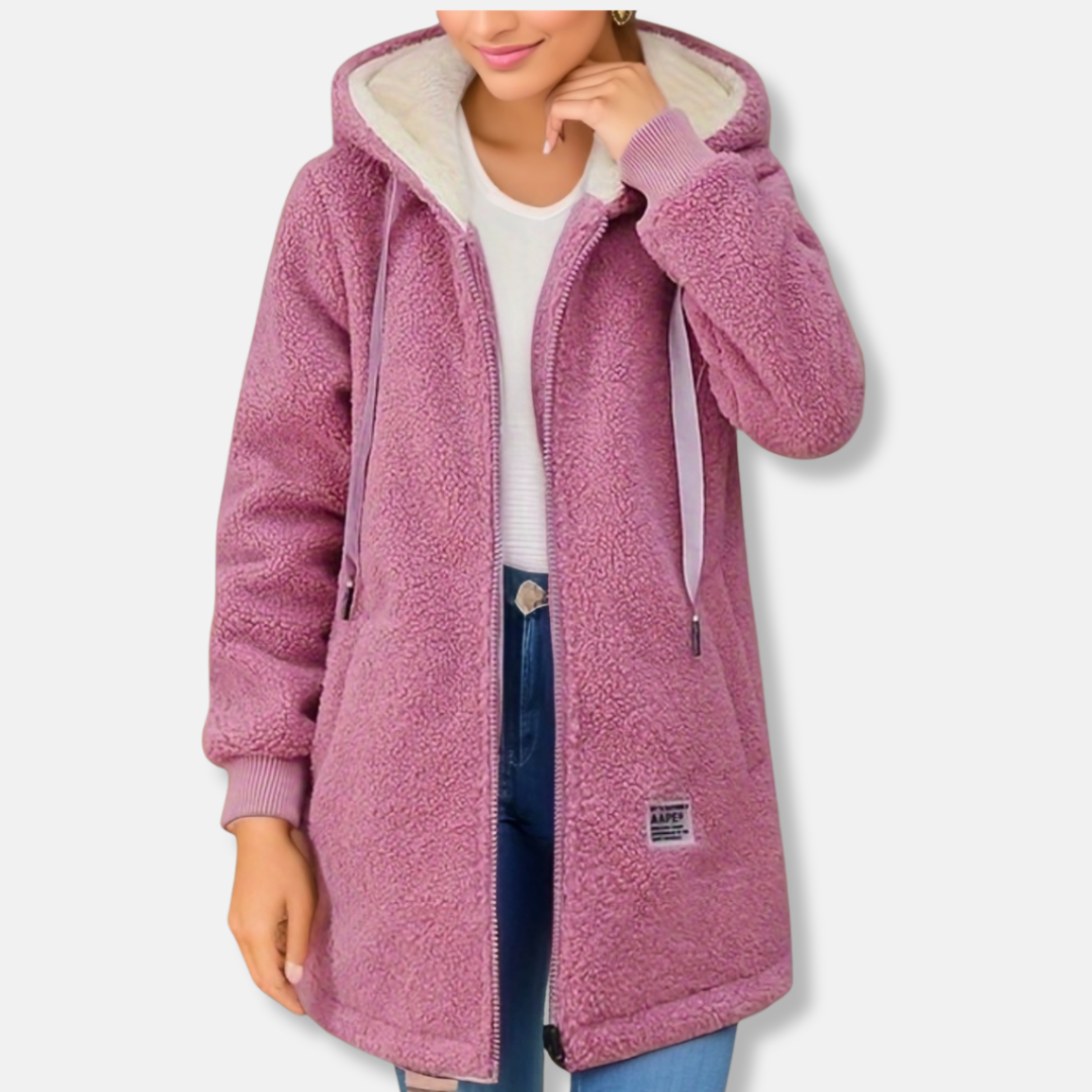 Women's oversized mid-length plush faux lambskin hooded coat with zipper front in cozy casual style