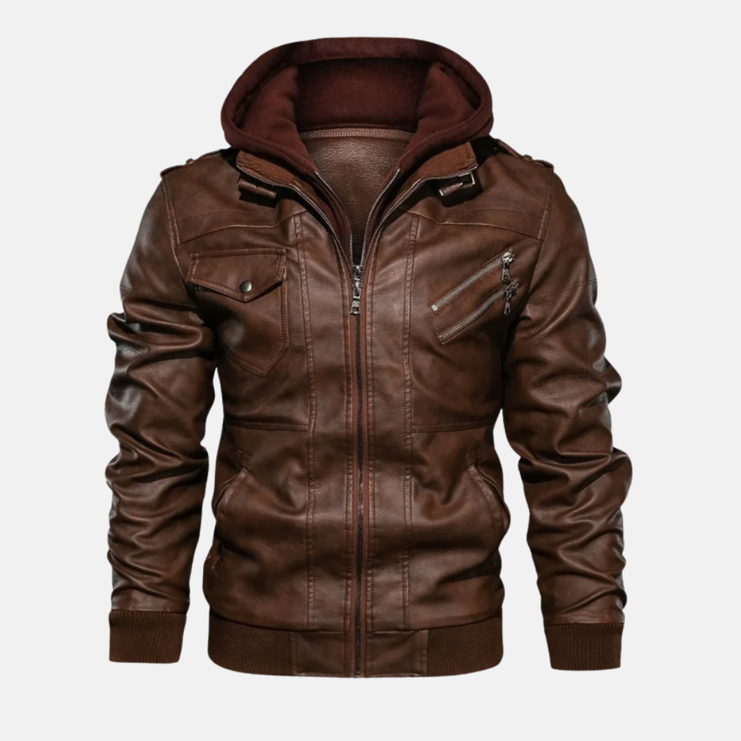 Men's black PU leather jacket with detachable hood, stand collar, and front zipper for versatile wear