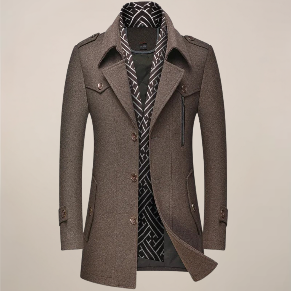 Men's long tailored wool overcoat in classic cut, button-up front, sophisticated professional winter style