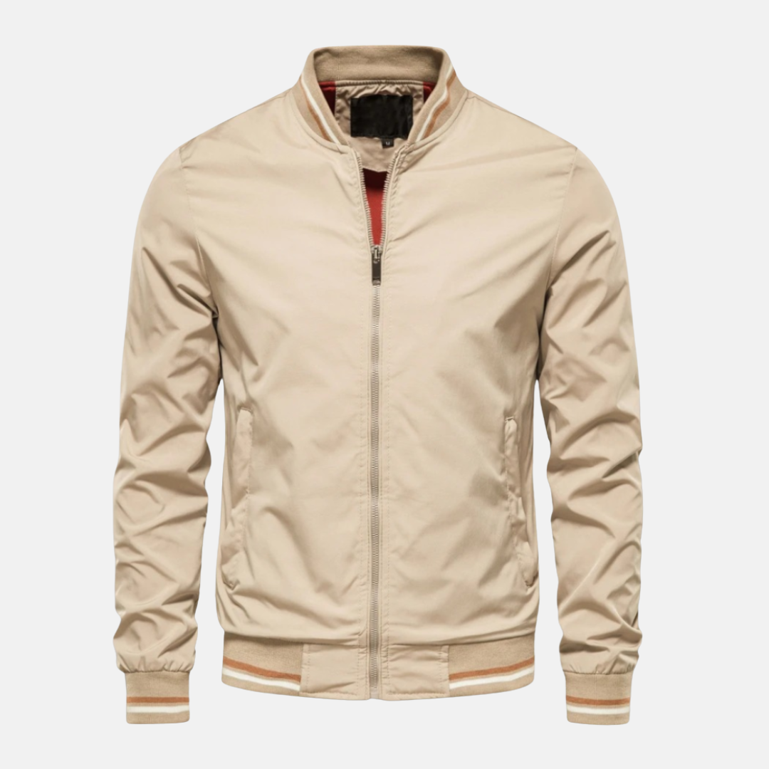 Men's black PU leather bomber jacket relaxed fit with striped ribbed edges and zip closure