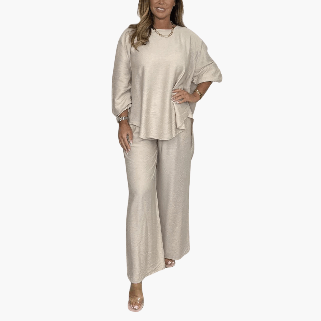 Women's beige loungewear set wide-leg pants loose blouse round neckline flowing silhouette