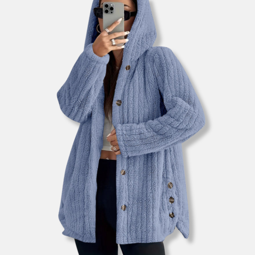 Women's plush faux shearling hooded coat loose fit button front mid-length soft textured warmth