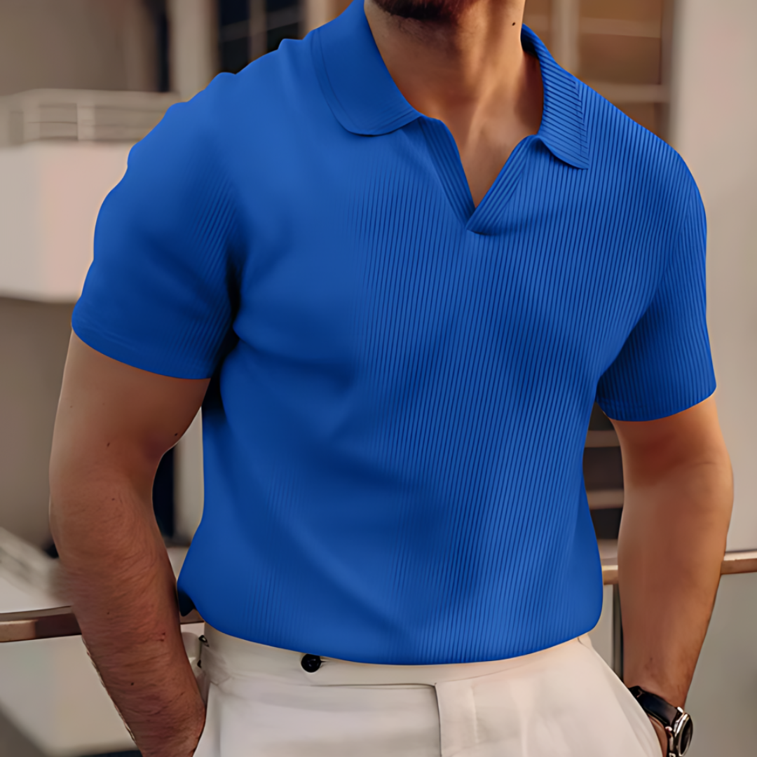 Men's classic V-neck polo shirt lightweight breathable fabric tailored cut for casual and office wear