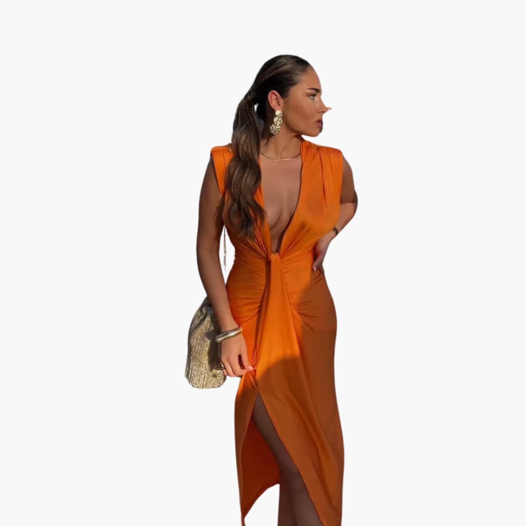 Women's elegant pleated maxi dress flowing fabric flattering silhouette festive occasions