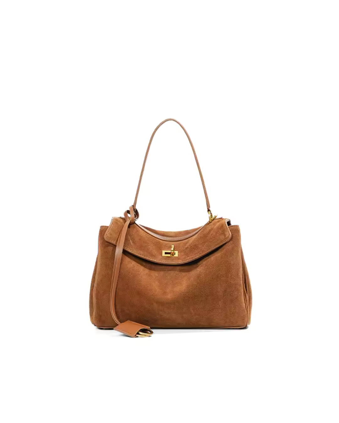 Vintage luxe brown suede top handle bag curved flap gold accents everyday elegant structured silhouette