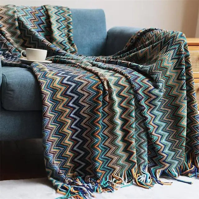 Boho stripe throw blanket with hand-knotted fringe, zigzag weave, ultra-soft cotton knit, chic living room decor