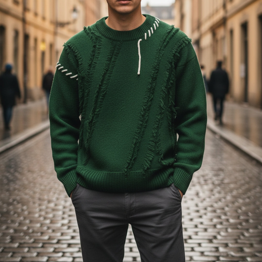 Oversized men's distressed knit sweater with ripped details, relaxed fit streetwear statement piece