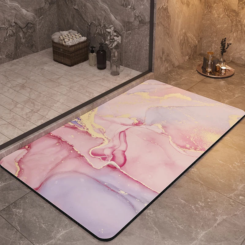 Marble-print luxury bath mat in white gray velvet non-slip quick-dry 19.7x31.5in spa-style bathroom rug