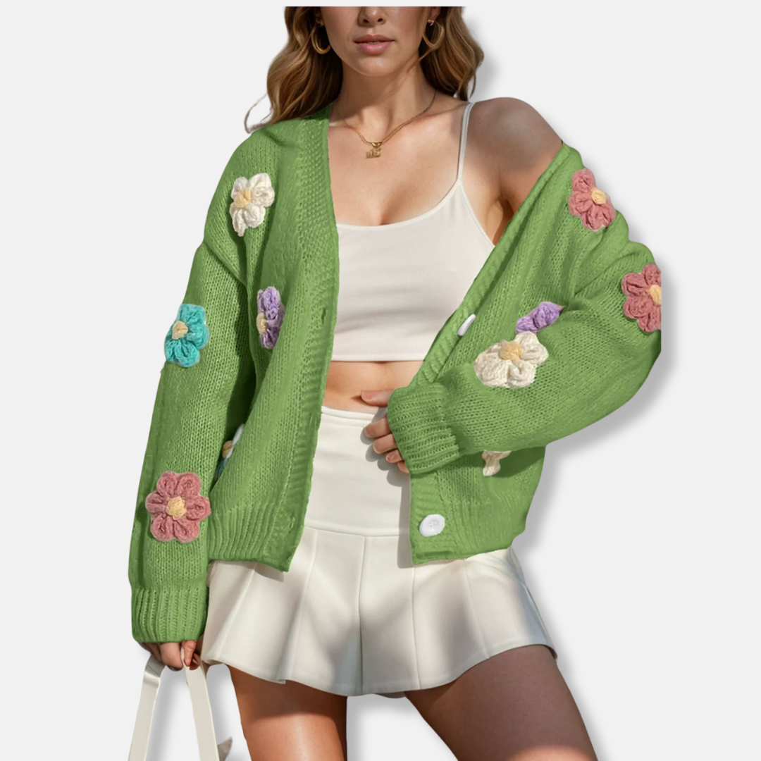 Women oversized wool blend knitted cardigan button-front with handmade floral accents relaxed silhouette