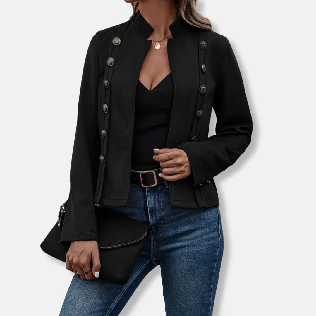 Women's tailored fit blazer jacket with band collar, decorative buttons, sleek everyday chic style