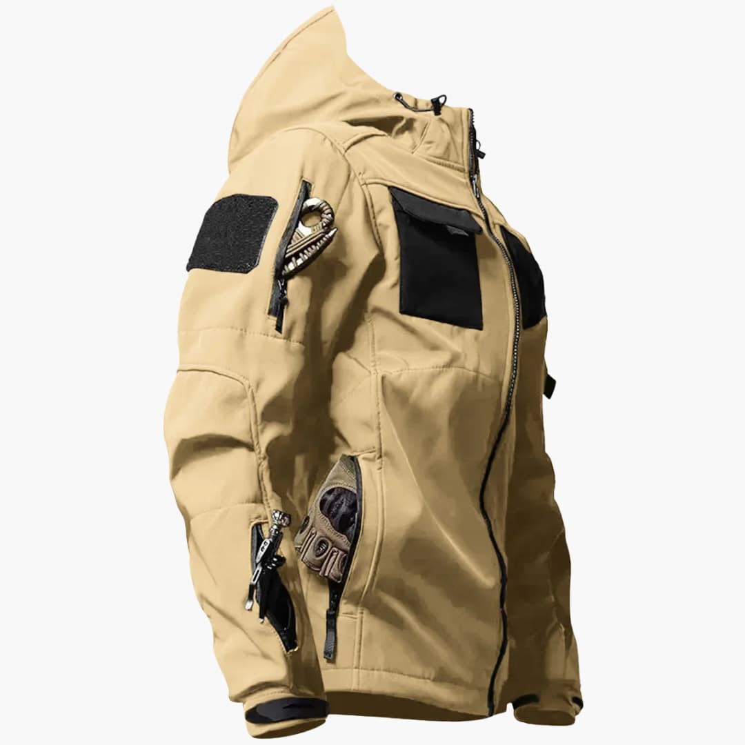 Men's gray softshell hooded jacket with full-zip front, adjustable cuffs, and multiple pockets