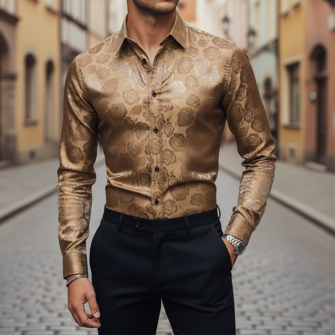 Men's black satin jacquard rose slim fit dress shirt with tone-on-tone floral pattern long sleeves