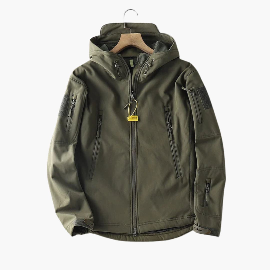 Men's softshell hooded jacket with zippered arm pockets, slim fit, wind-resistant outdoor layer