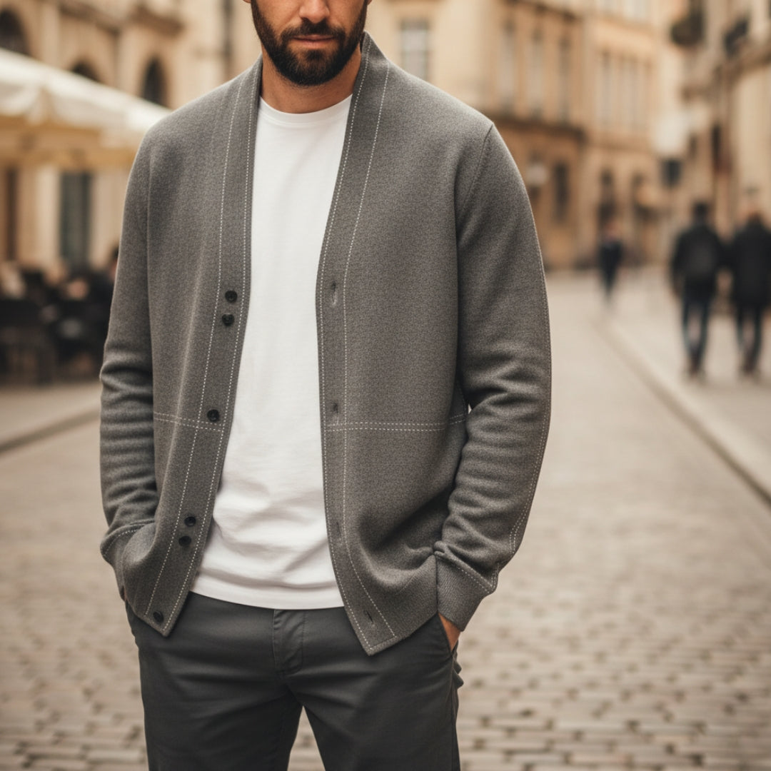 Men's collarless cardigan minimalist knit with contrasting stitching, modern slim fit everyday style