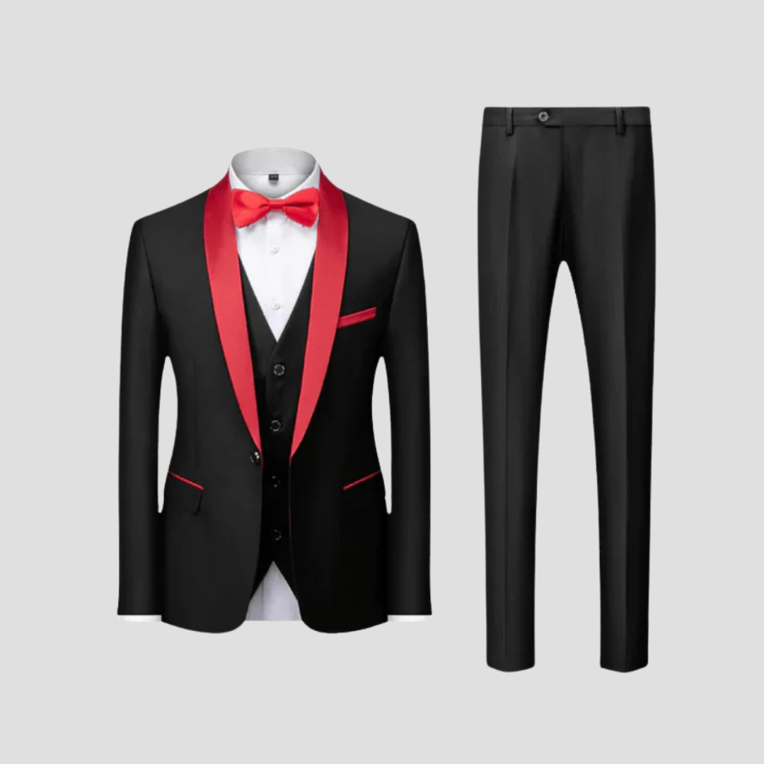 Men's navy tailored three-piece suit with satin lapels, blazer waistcoat trousers formal wedding set