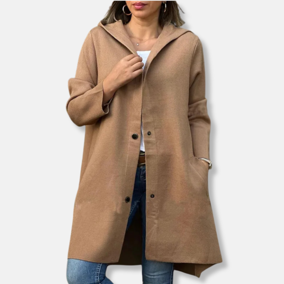 Women's wool blend hooded coat relaxed A-line silhouette mid-thigh length snap button closure