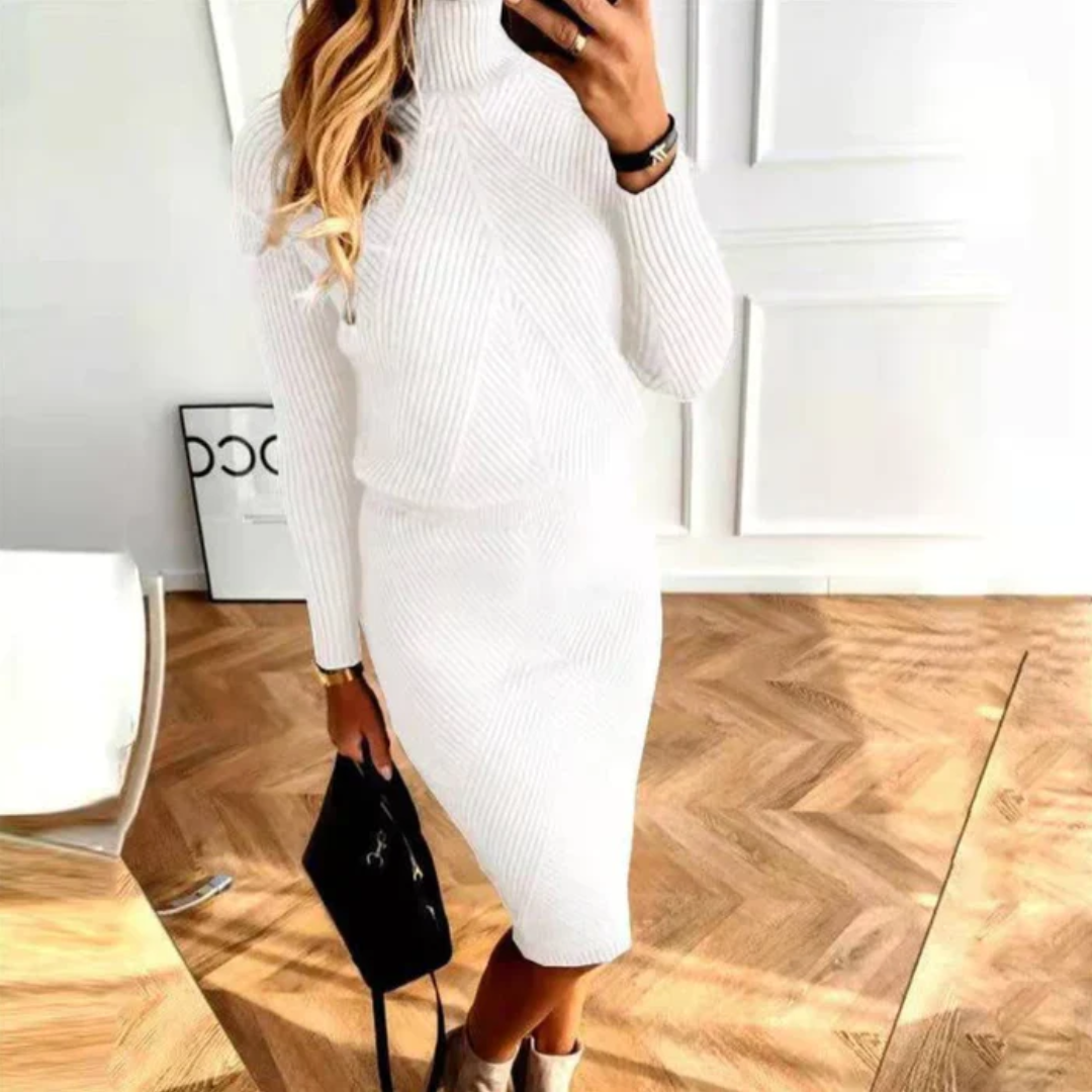Women's knitted jumper dress with roll neck in timeless style, cozy all-day comfort fit