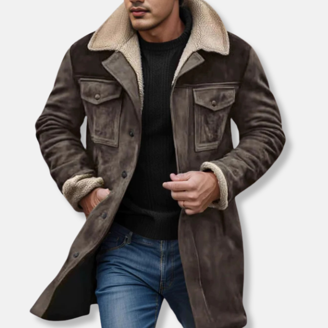 Men's relaxed fit trench coat in suede-like fabric with plush shearling collar and button front closure
