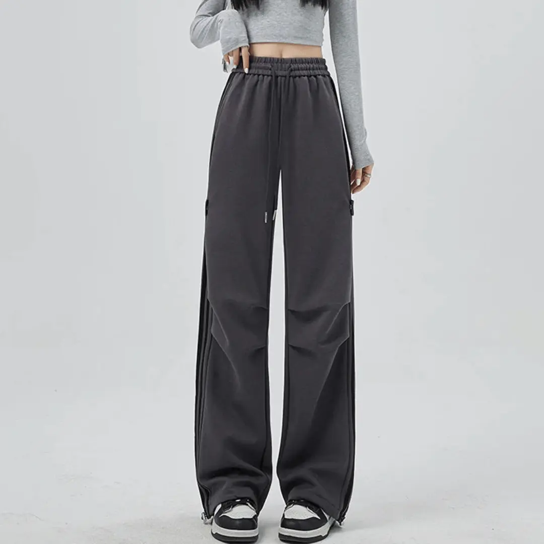 Women's wide-leg pants bold stripes oversized pockets relaxed fit street-style cotton blend