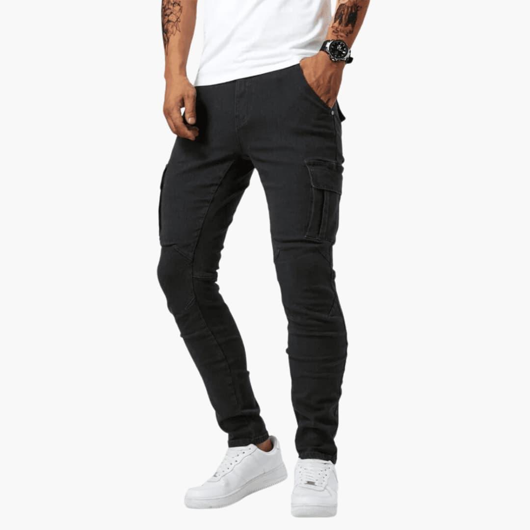 Men's stretch straight-leg cargo jeans with large side storage pockets for active everyday wear
