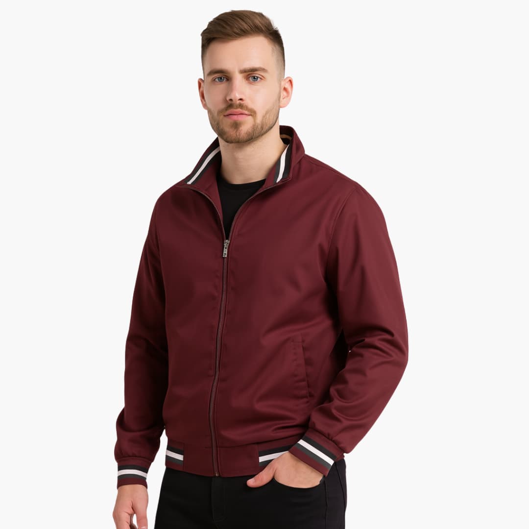 Men's bomber jacket stand-up collar full-zip striped ribbed hem casual versatile everyday style