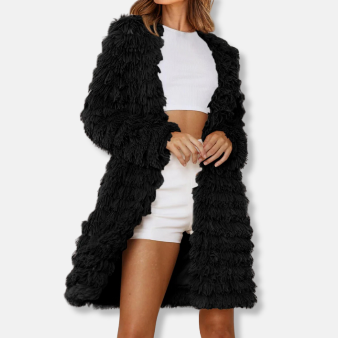Women's longline open-front shaggy cardigan in neutral tones, relaxed fit with plush high-loft texture