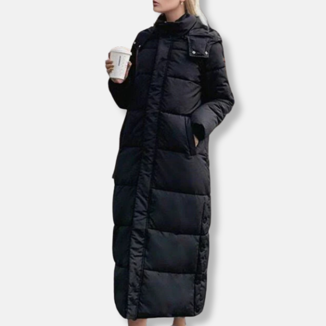 Women's full-length oversized quilted puffer coat with high collar hood, winter jacket casual elegant style