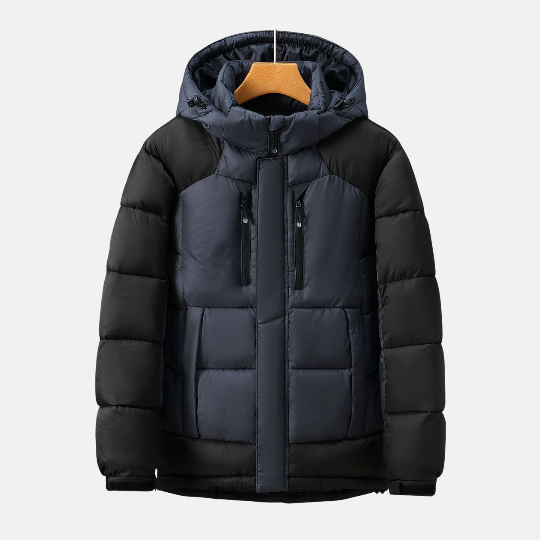 Men's black padded jacket detachable hood hip-length insulated warmth secure pockets outdoor