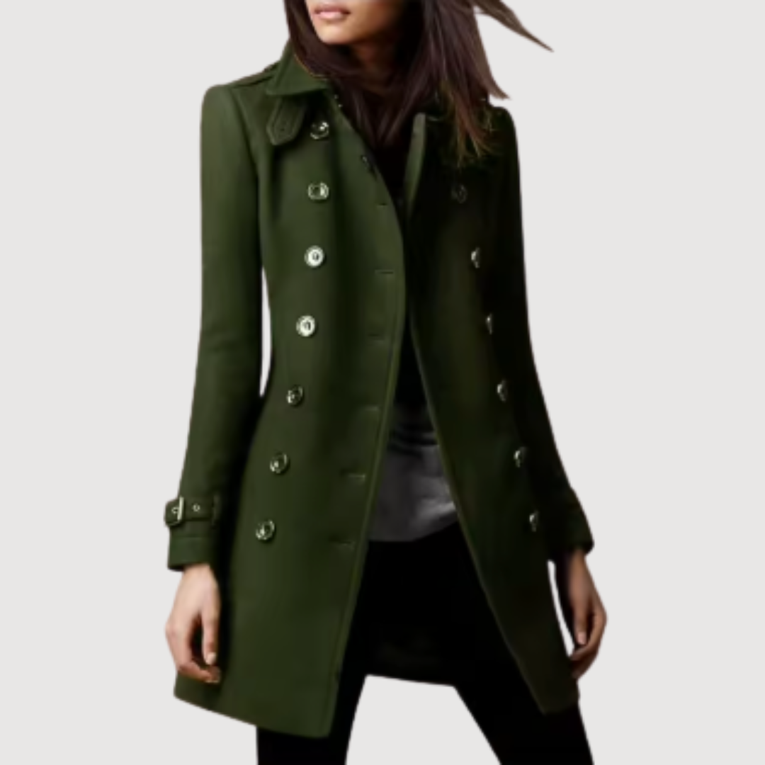 Beige double-breasted long trench coat tailored silhouette smooth structured fabric urban professional style
