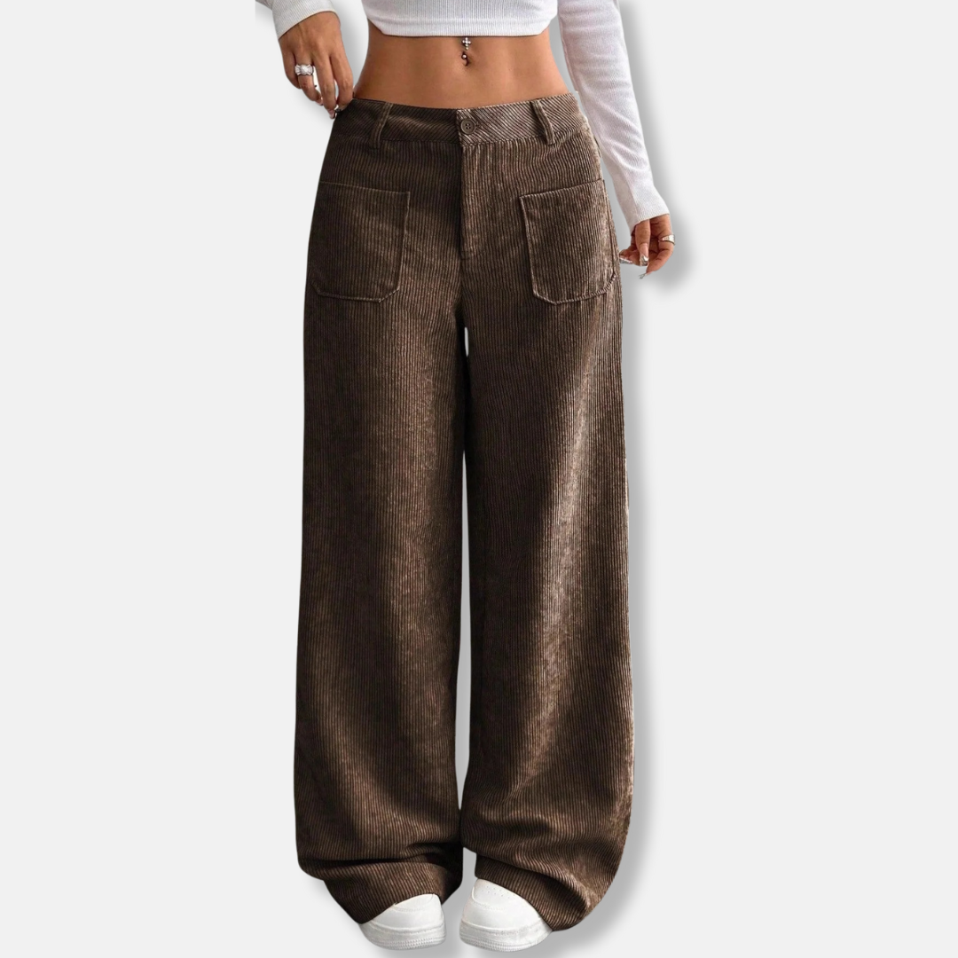 Women's corduroy wide leg high waist pants with front patch pockets, relaxed chic fall style