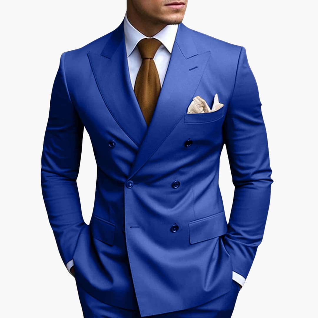 Men's navy blue two-button notched lapel suit set with straight-leg pants for modern tailoring