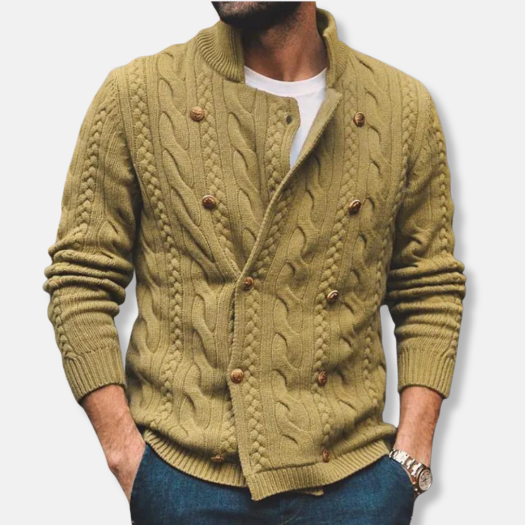Men's wool blend double-breasted cardigan, regular fit semi-high collar cable knit pattern