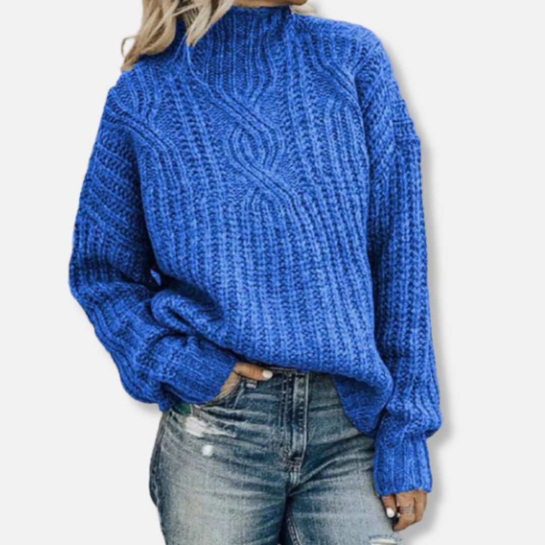 Women's wool cable knit pullover high neck relaxed fit long sleeve sweater in neutral tones