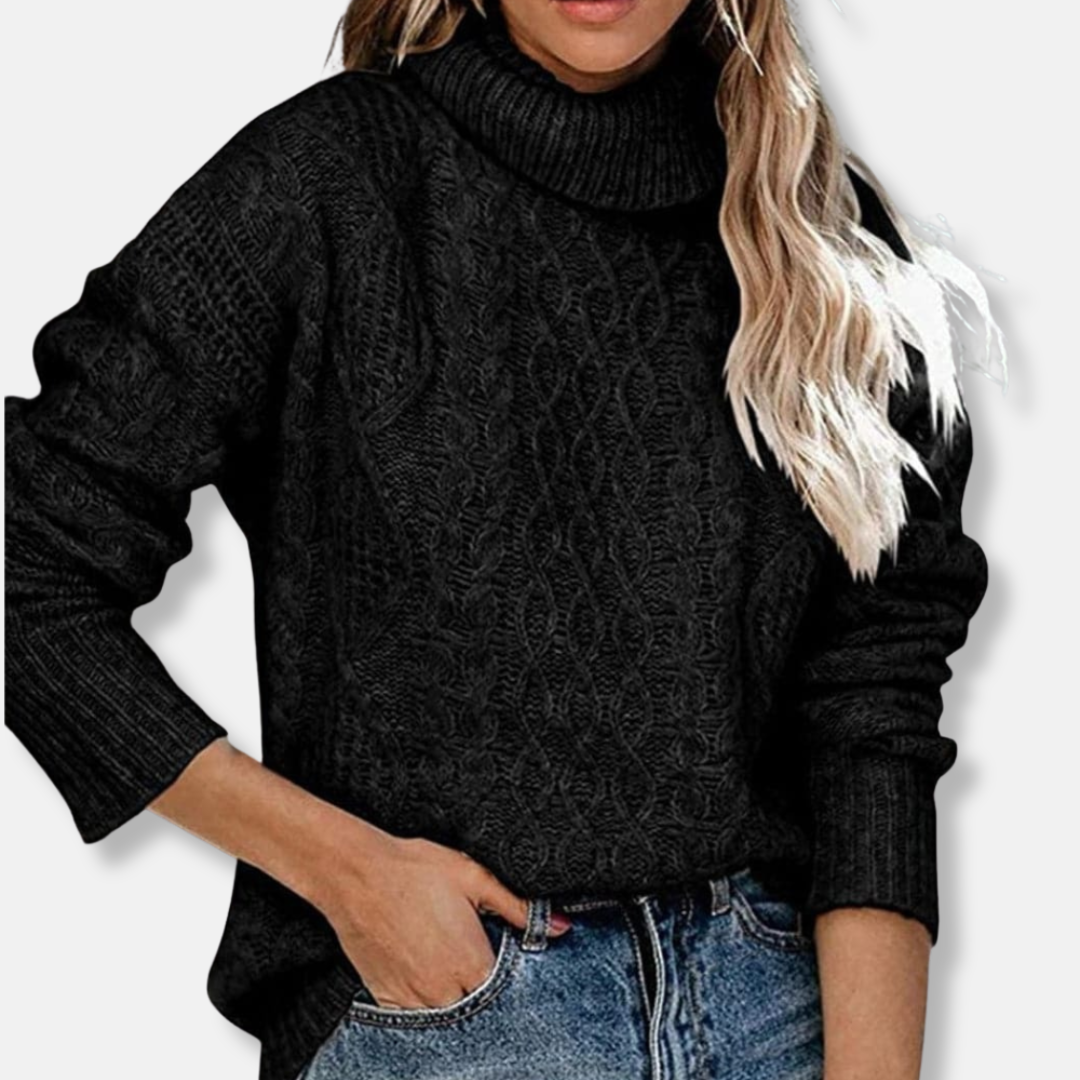 Women's cream cable knit turtleneck sweater tunic length relaxed fit with classic texture