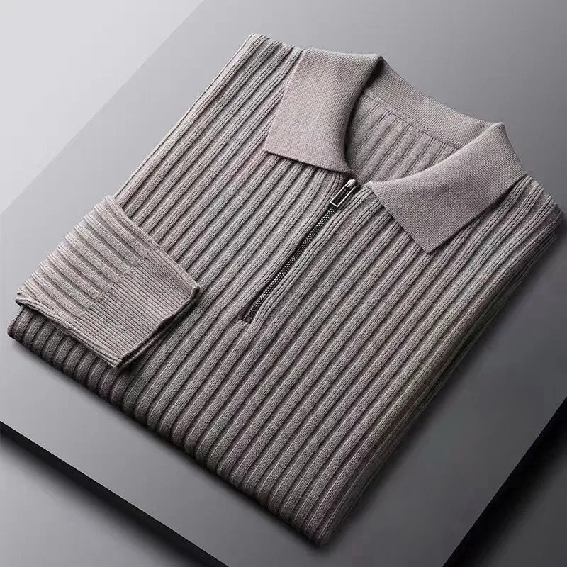 Men's navy blue polo sweater slim fit soft knit vertical ribbing zip closure refined knitwear