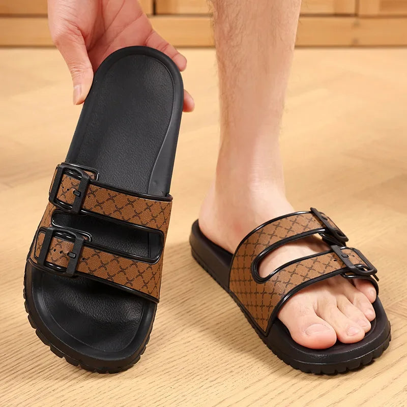 Cavalli double buckle slide sandal with patterned straps and high-gloss adjustable buckles