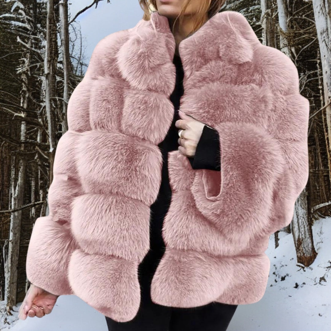 Women's ivory faux fur medium-length jacket with voluminous quilted plush construction