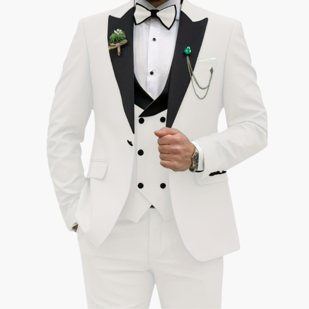 Men's slim fit three-piece suit navy contrast lapels single-breasted jacket vest trousers formal wedding