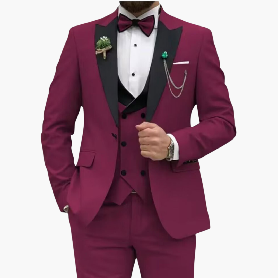 Men's slim fit three-piece suit with contrast lapels, tailored for weddings and formal events