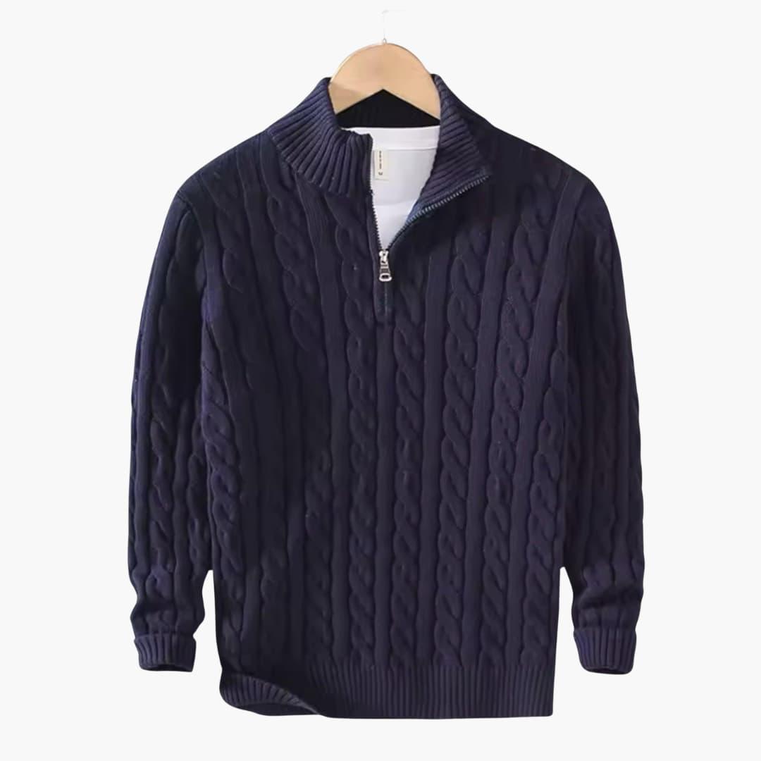 Men's beige cable knit half-zip sweater with ribbed stand-up collar and classic textured pattern