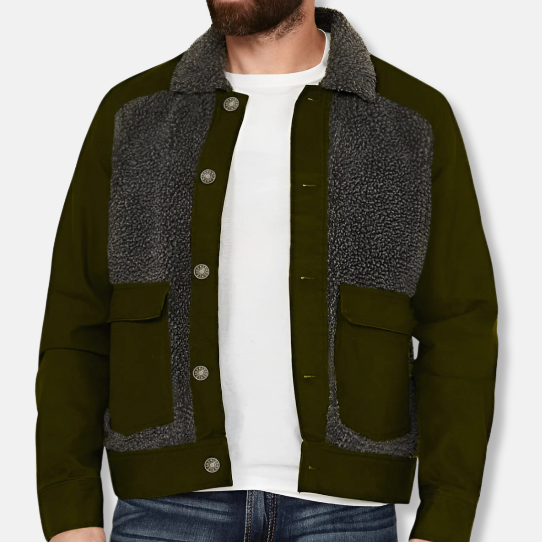 Men's patchwork sherpa collar coat waist-length regular fit button-up warm outerwear in rugged style
