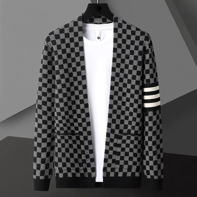 Unisex monochrome checkered knit cardigan open front with bold striped sleeve for effortless layering