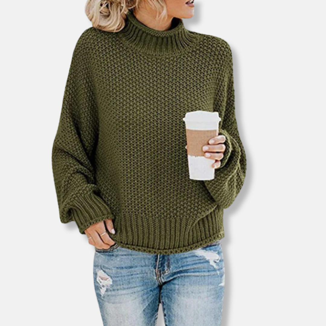 Women's oversized chunky knit sweater high neck dropped shoulder cozy warm pullover