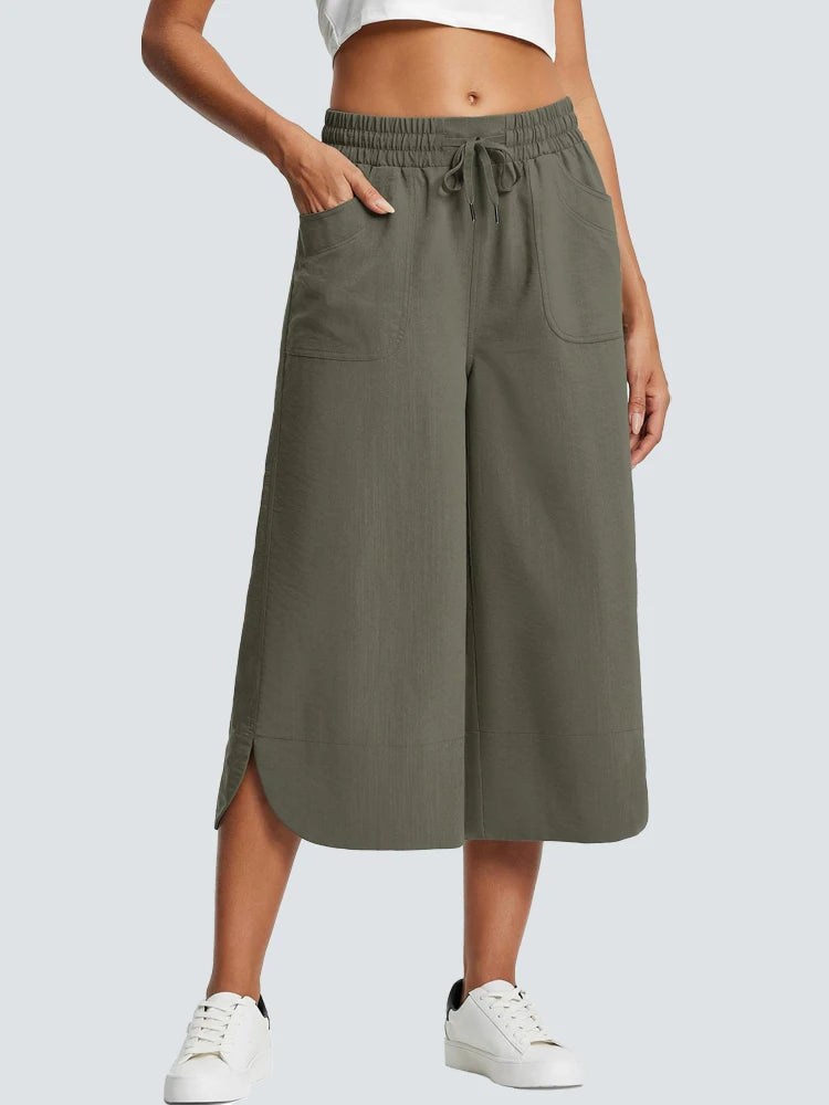 Women's wide leg capri pants lightweight breathable cotton blend with smooth stretch waistband