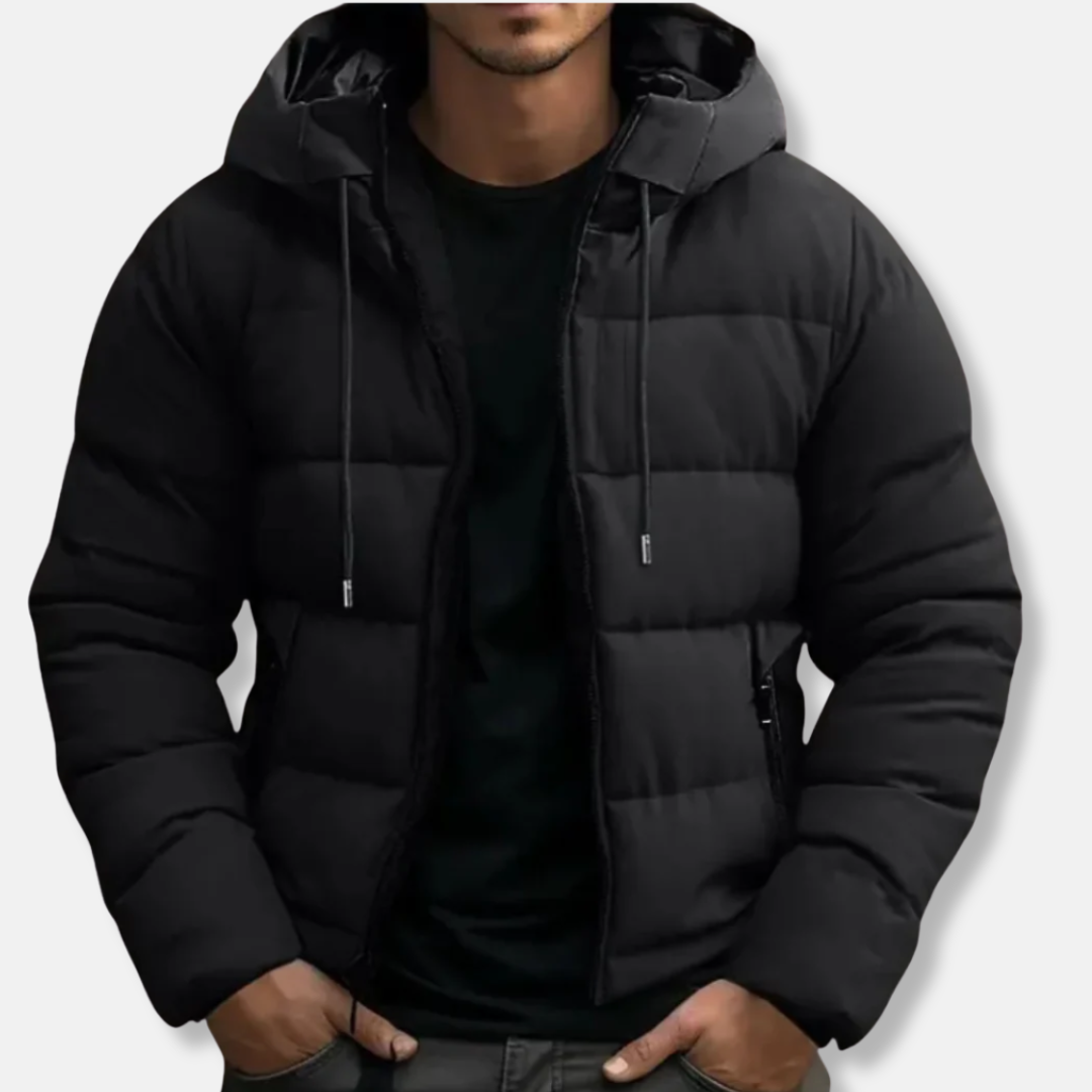 Men's quilted hooded puffer jacket relaxed fit with drawstring hood and zip pockets