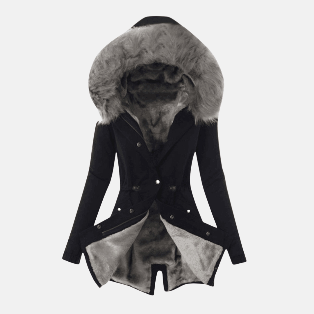 Women's slim fit mid-length jacket with adjustable waist and plush-lined hood, flap pockets