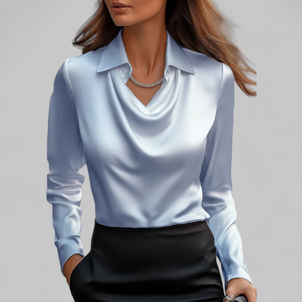 Women's satin blouse with draped fluid silhouette, structured collar, polished everyday elegance